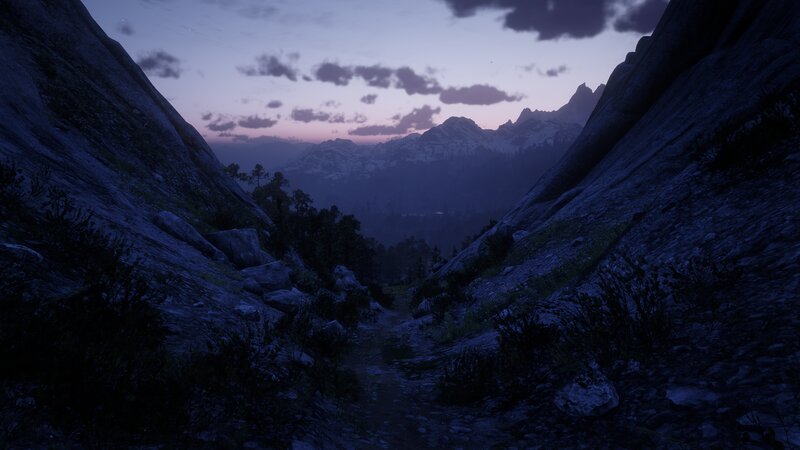 Mountain Valley at Dusk — Purple, Serene, Night