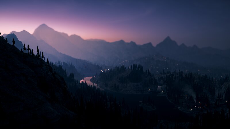 Mountain Valley at Dusk — Purple, Serene, Sunset, 3d Render