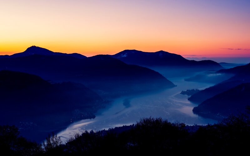 Mountain Valley at Dusk — Purple, Serene, Sunset