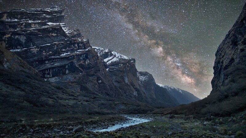 Mountain Valley at Night — Black, Serene, Photograph, Stars, Milky Way