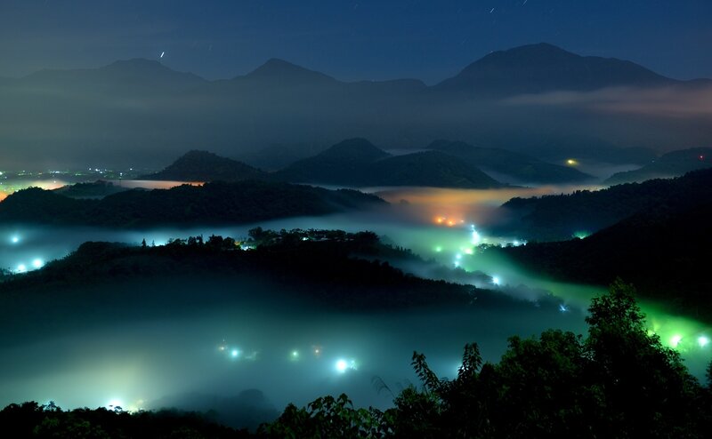 Mountain Valley at Night — Blue, Serene, Photograph, Fog