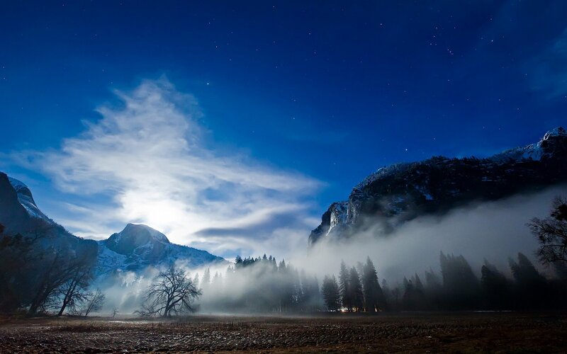Mountain Valley at Night — Blue, Serene, Photograph, Mountains, Fog