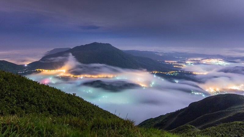 Mountain Valley at Night — Blue, Serene, Photograph