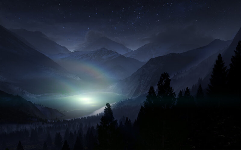 Mountain Valley at Night — Blue, Serene