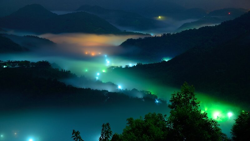 Mountain Valley at Night — Green, Serene