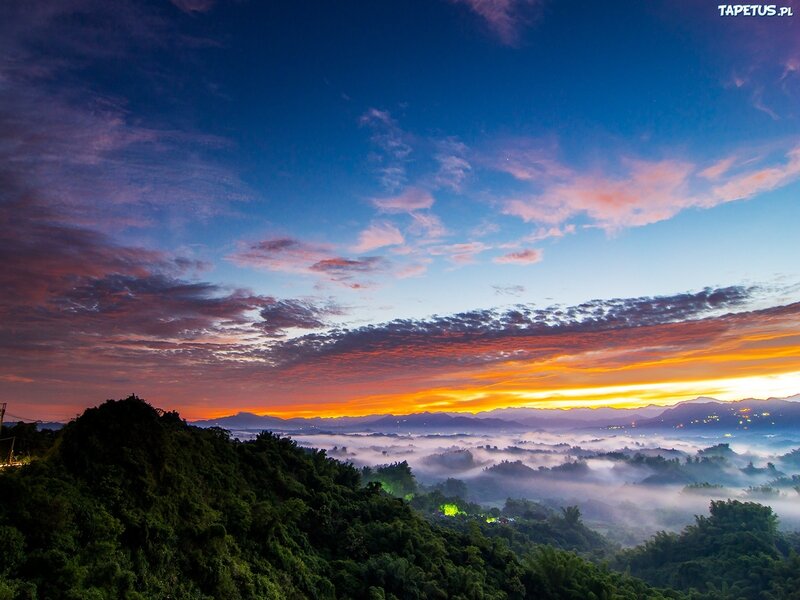 Mountain Valley at Sunrise — Blue, Serene, Photograph, Clouds