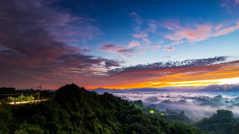 Mountain Valley at Sunrise — Blue, Serene