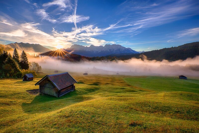 Mountain Valley at Sunrise — Green, Serene, Photograph, Fog, Huts
