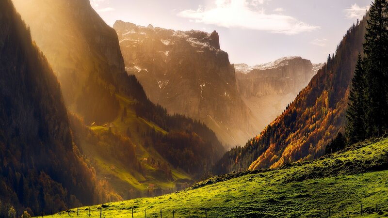 Mountain Valley at Sunrise — Green, Serene, Photograph, Mountains, Forest