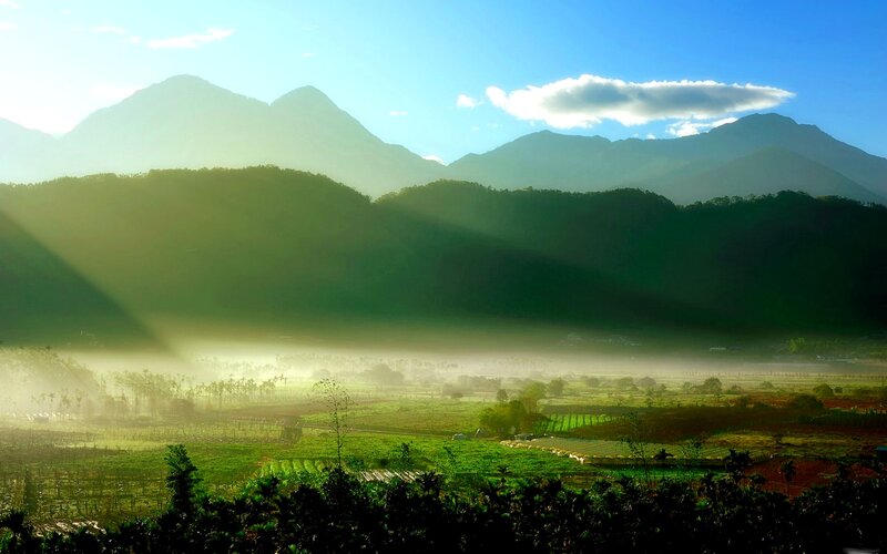 Mountain Valley at Sunrise — Green, Serene, Photograph, Mountains