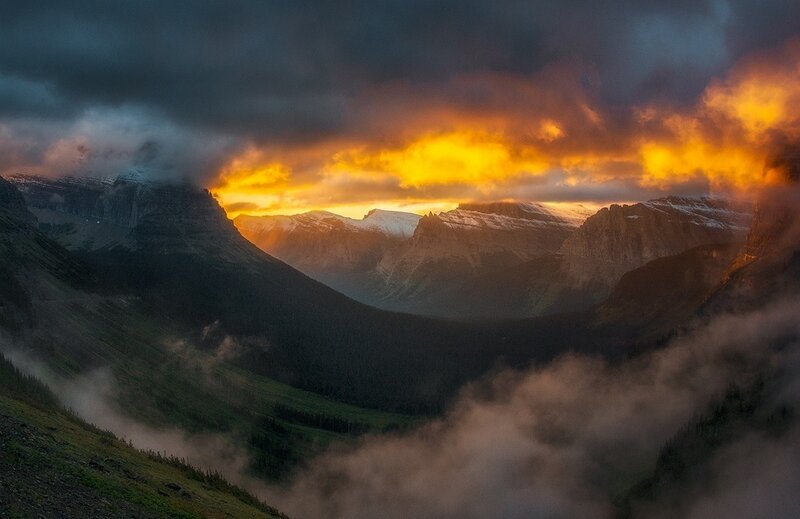 Mountain Valley at Sunrise — Orange, Dramatic, Photograph, Clouds, Snow