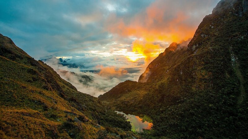 Mountain Valley at Sunrise — Orange, Dramatic, Photograph, Clouds