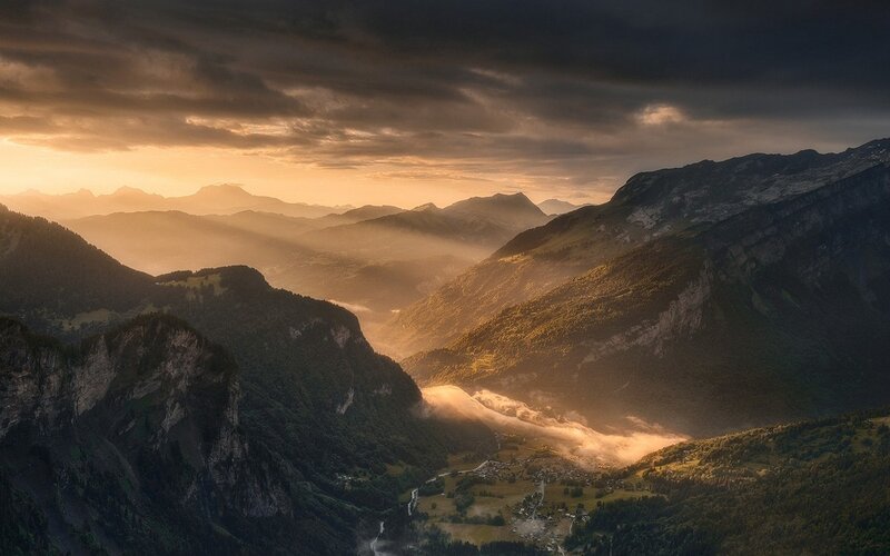 Mountain Valley at Sunrise — Orange, Dramatic, Photograph, Mountains, Clouds
