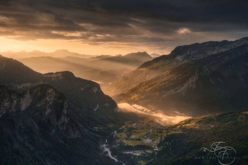 Mountain Valley at Sunrise — Orange, Dramatic, Photograph, Mountains