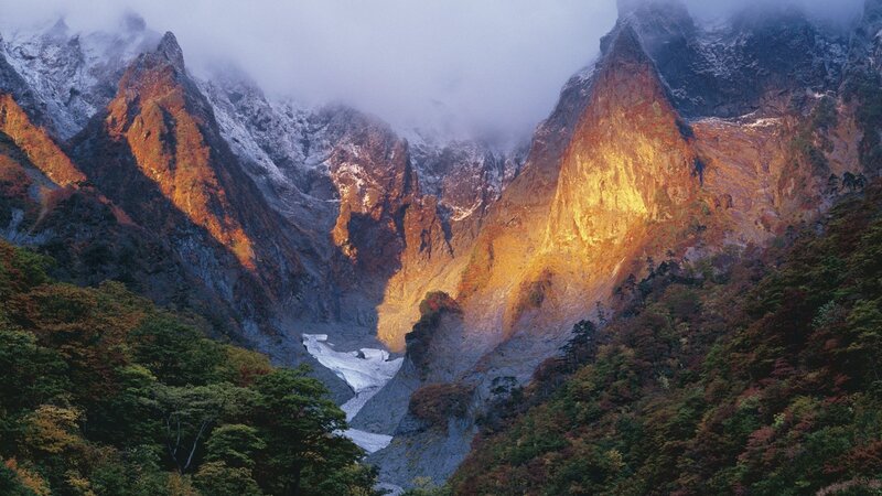 Mountain Valley at Sunrise — Orange, Dramatic, Photograph, Snow