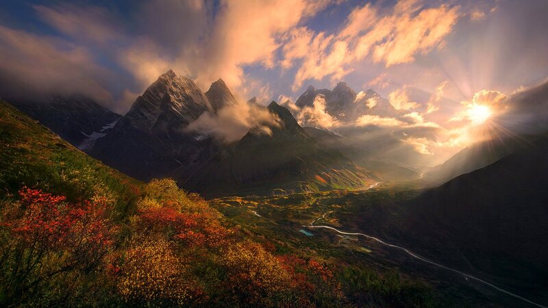 Mountain Valley at Sunrise — Orange, Dramatic, Photograph, Sun