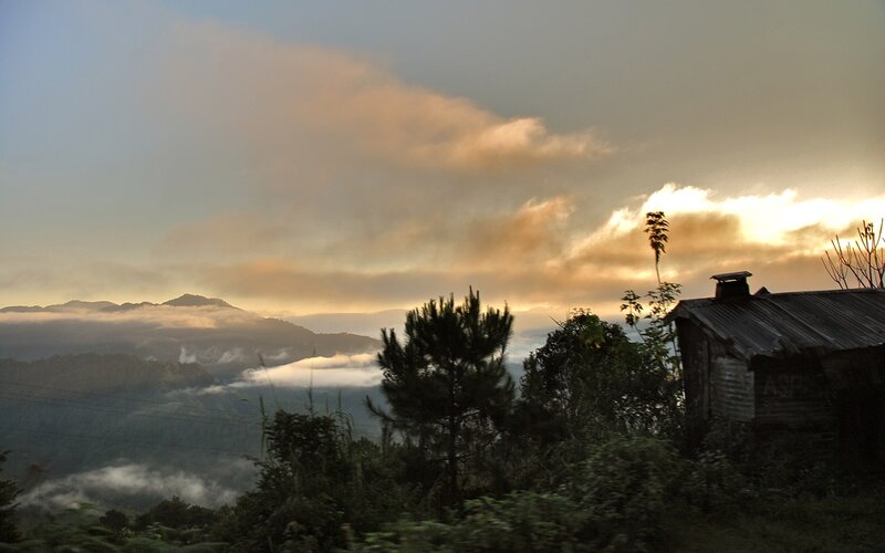 Mountain Valley at Sunrise — Orange, Serene, Photograph, Clouds
