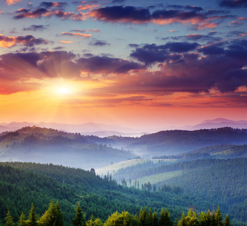 Mountain Valley at Sunrise — Orange, Serene, Photograph, Sun