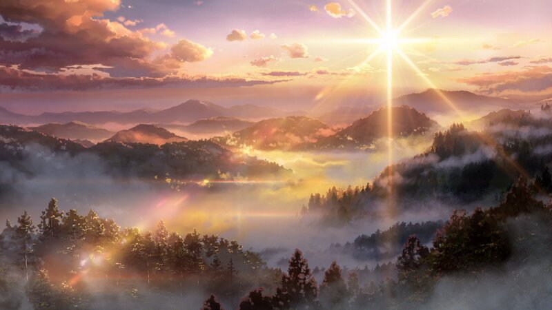 Mountain Valley at Sunrise — Purple, Serene, Anime