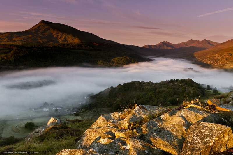 Mountain Valley at Sunrise — Purple, Serene, Photograph, Fog