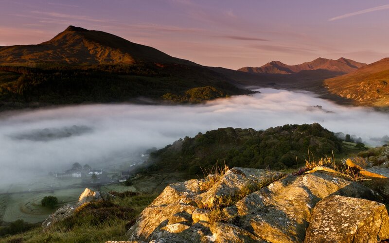 Mountain Valley at Sunrise — Purple, Serene