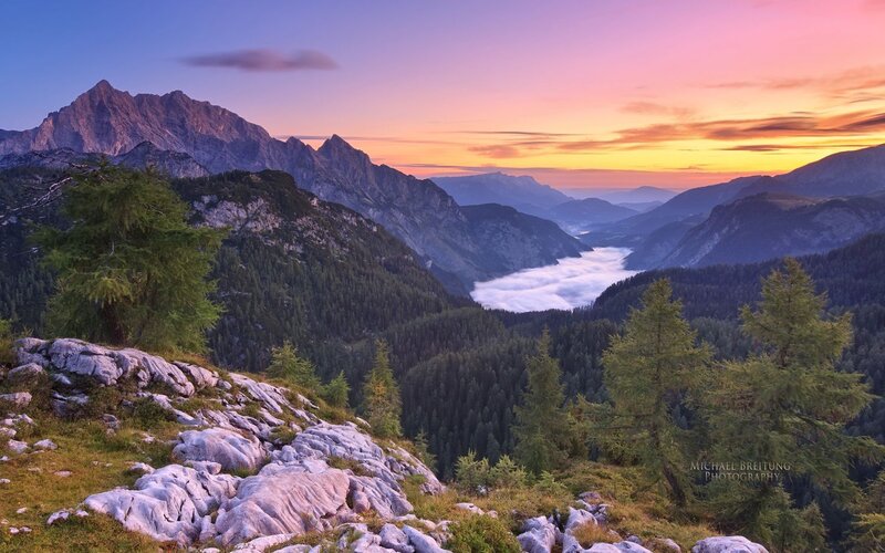 Mountain Valley at Sunrise — Purple