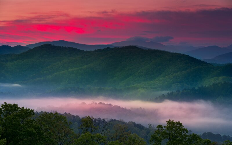 Mountain Valley at Sunrise — Red