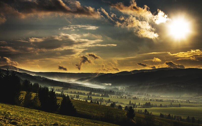 Mountain Valley at Sunrise — Yellow, Dramatic