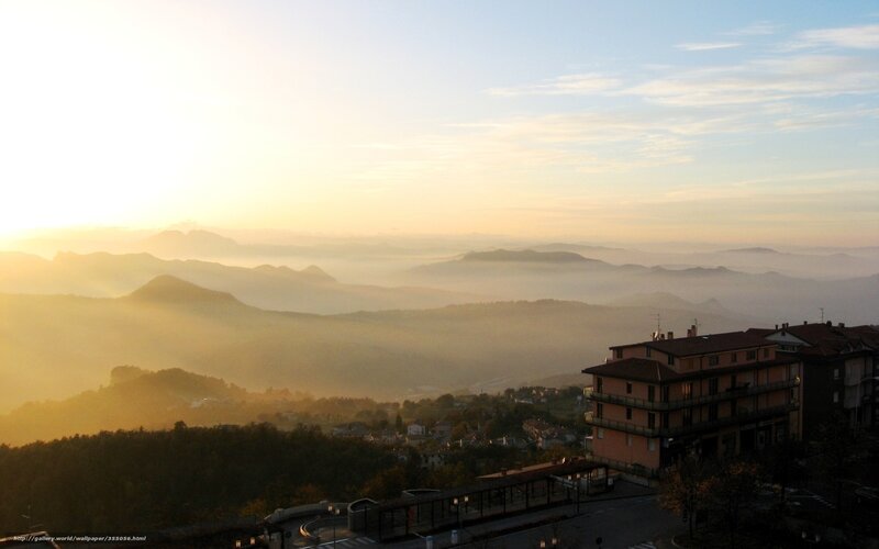 Mountain Valley at Sunrise — Yellow, Serene, Photograph, Buildings