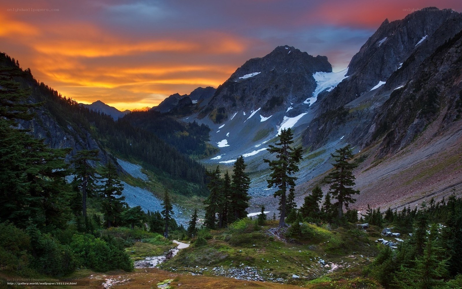 Mountain valley at sunset