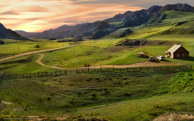 Mountain valley at sunset