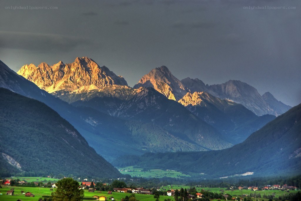 Mountain valley at sunset