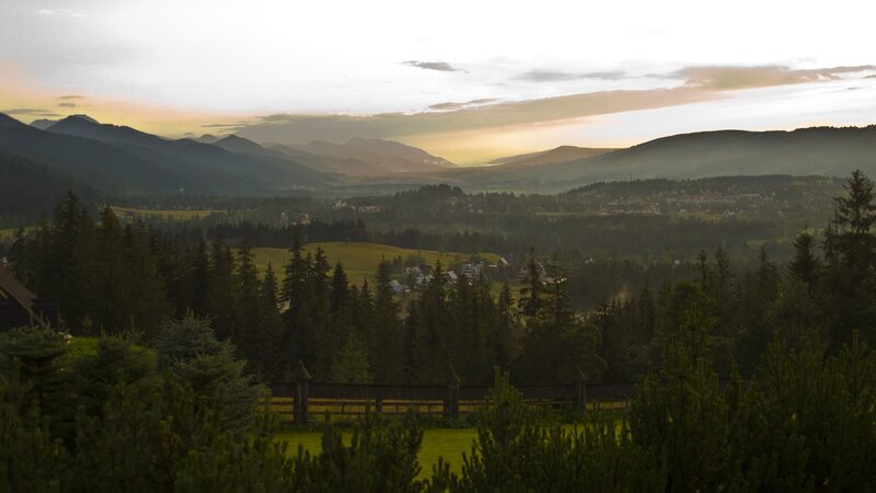 Mountain valley at sunset