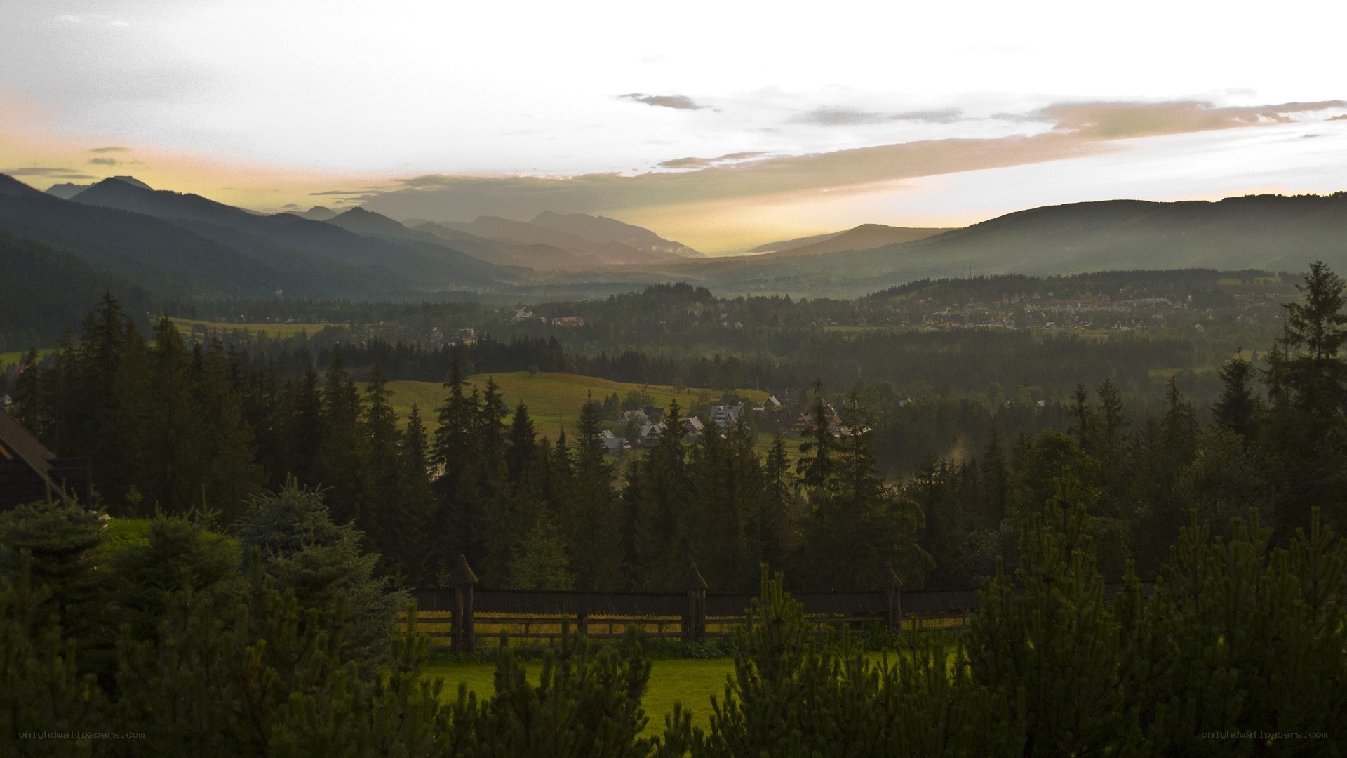 Mountain valley at sunset