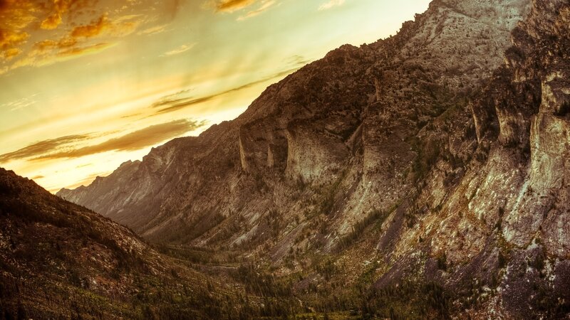 Mountain valley at sunset