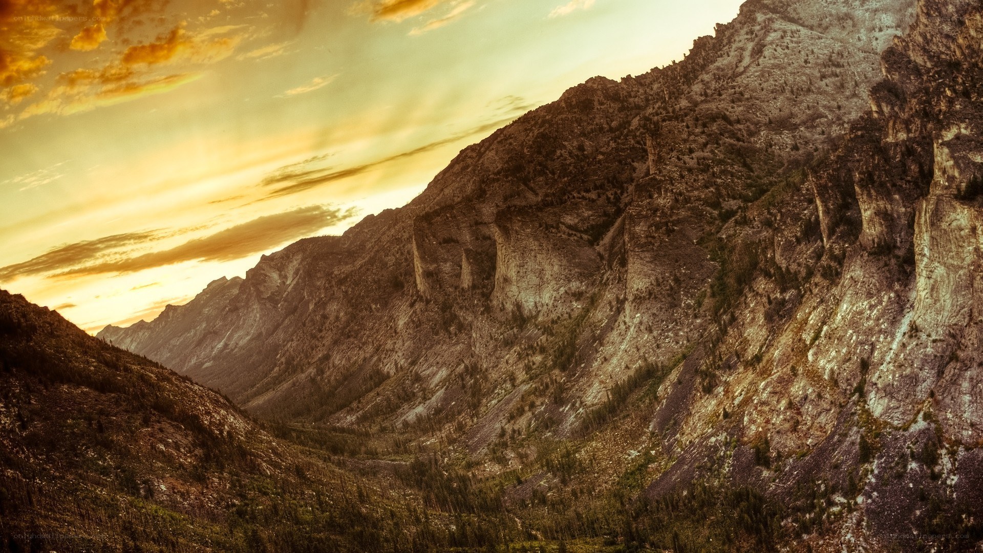 Mountain valley at sunset