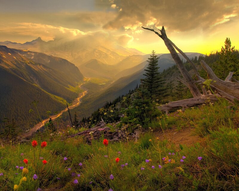 Mountain valley at sunset