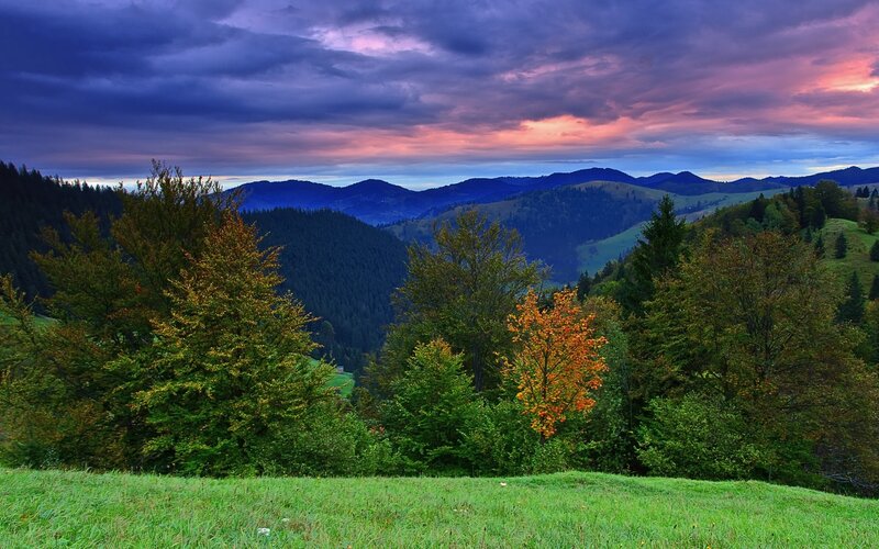Mountain valley at sunset
