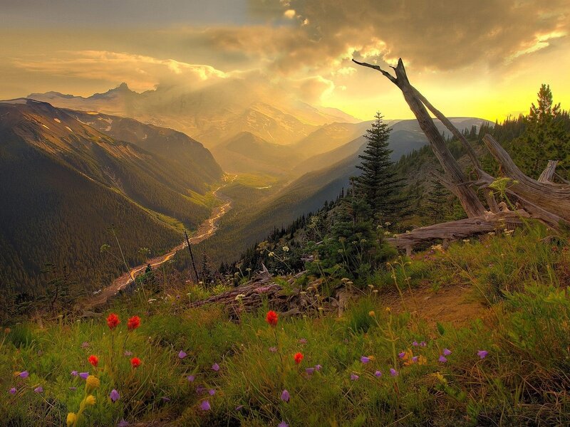 Mountain valley at sunset