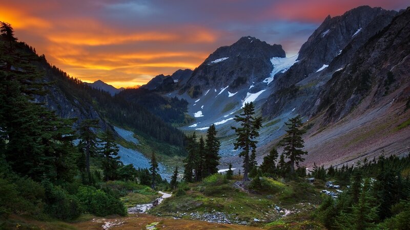 Mountain valley at sunset