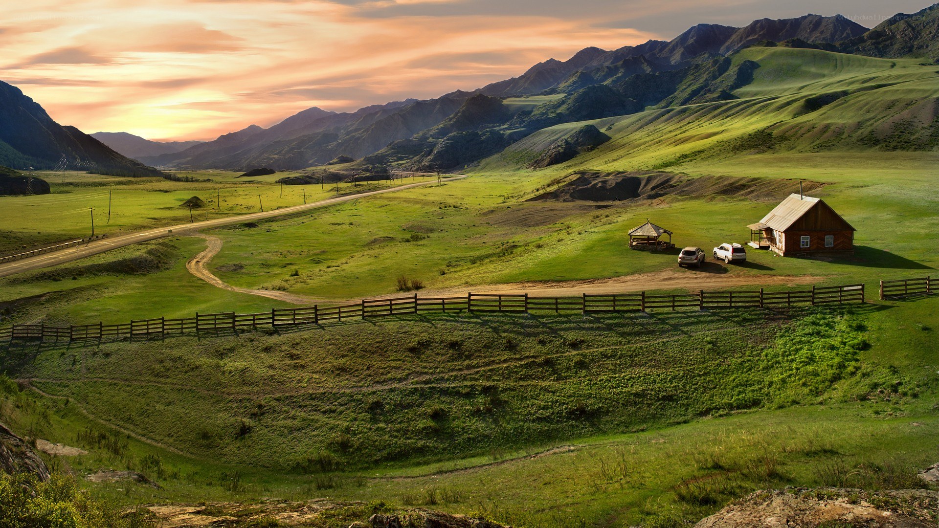 Mountain valley at sunset