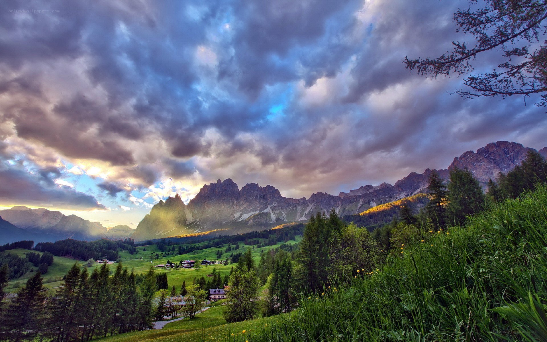 Mountain valley at sunset