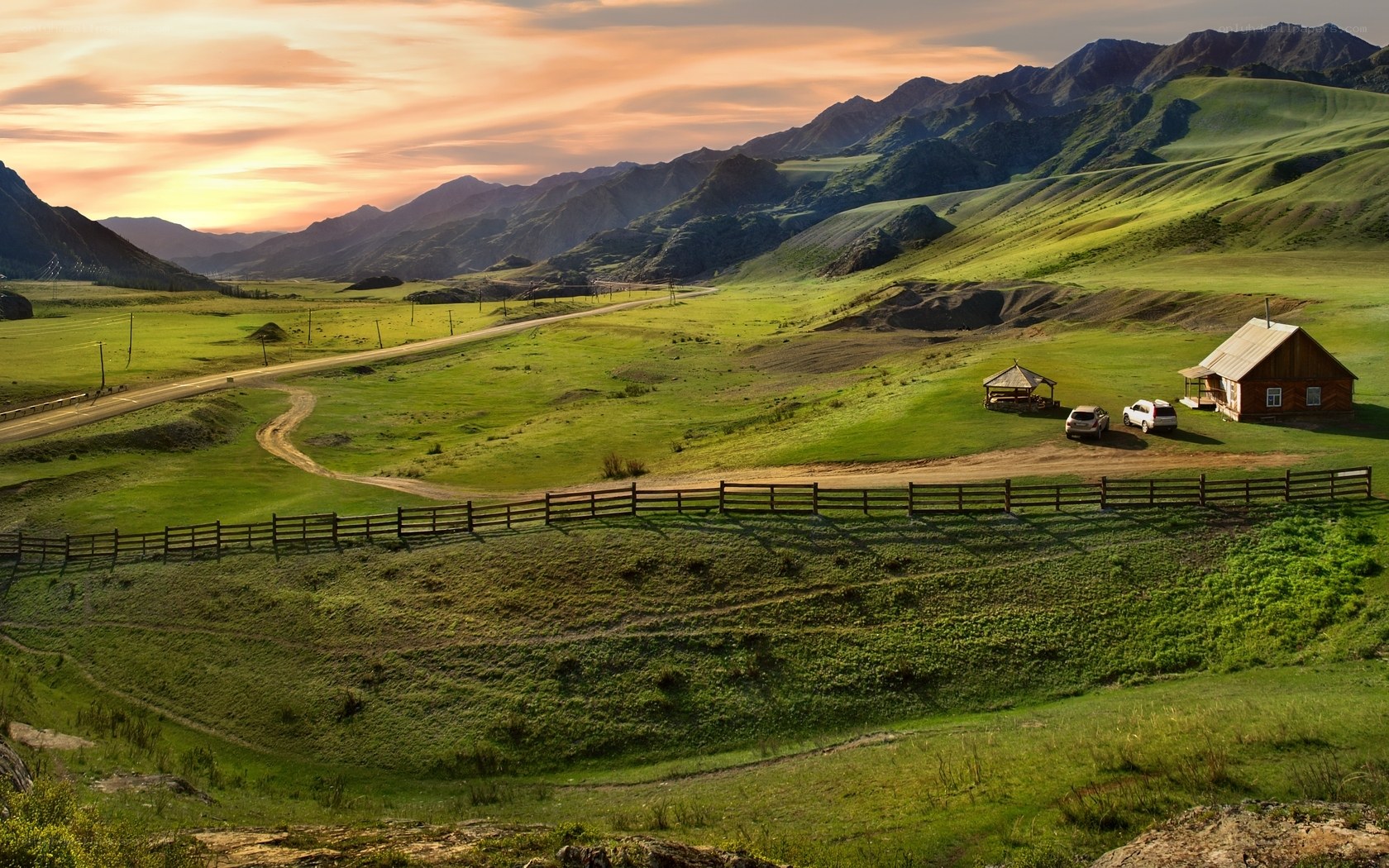 Mountain valley at sunset