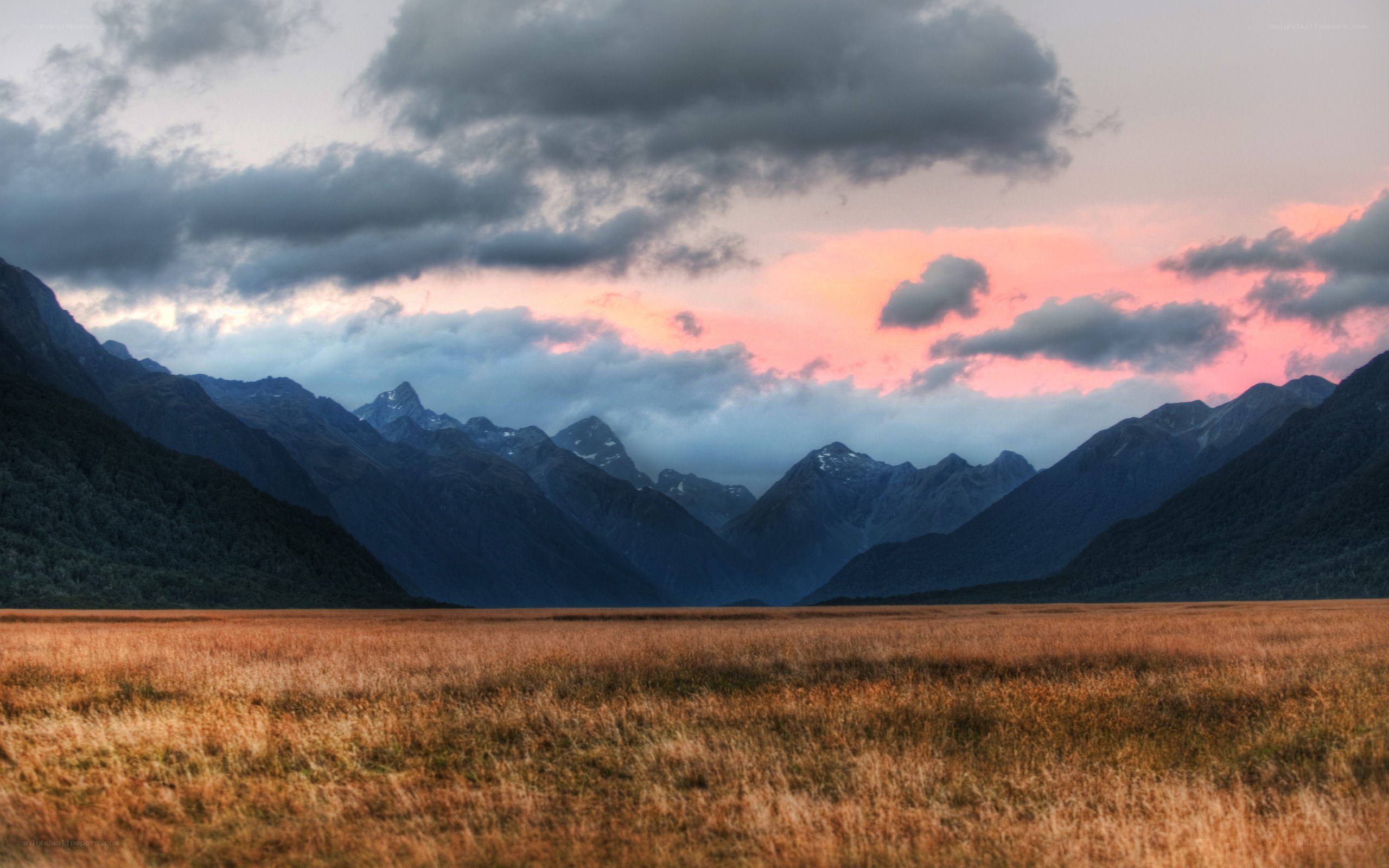 Mountain valley at sunset