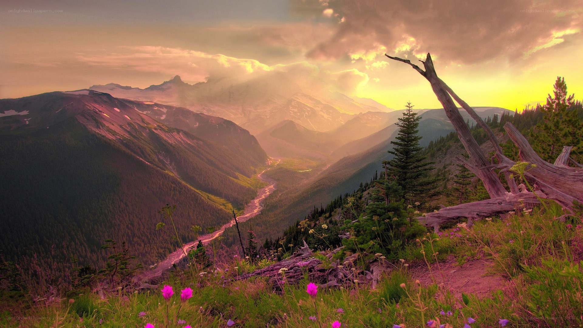 mountain valley at sunset
