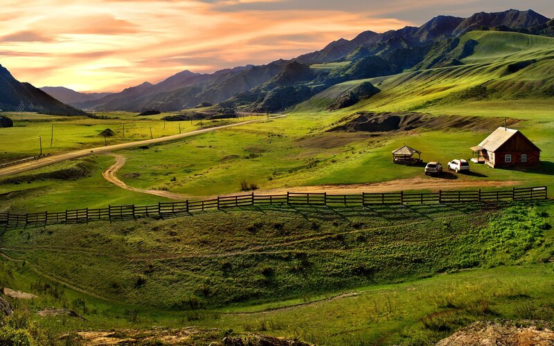 Mountain valley at sunset