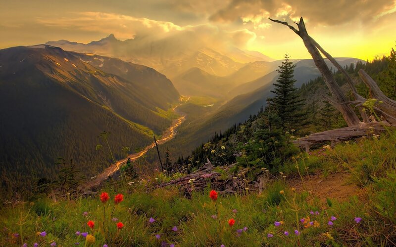 Mountain valley at sunset