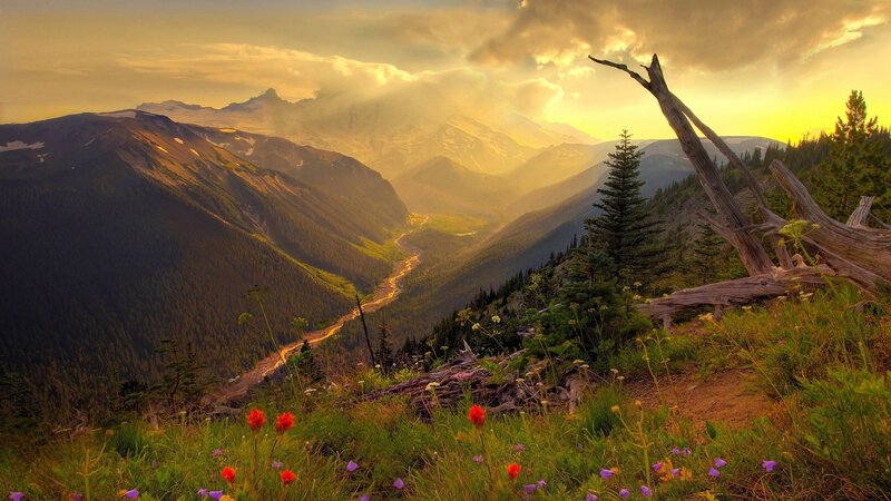 Mountain valley at sunset