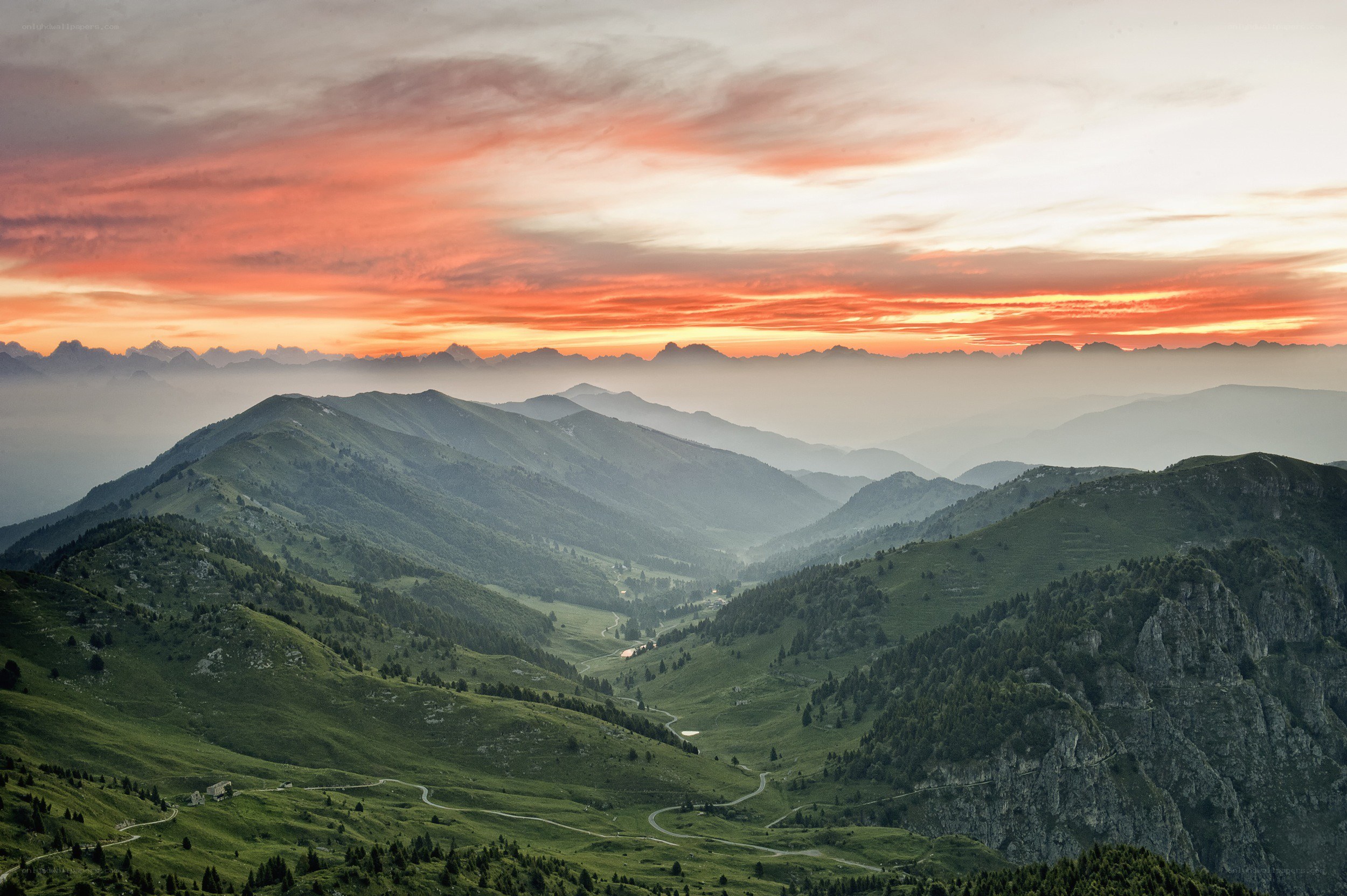 Mountain valley at sunset