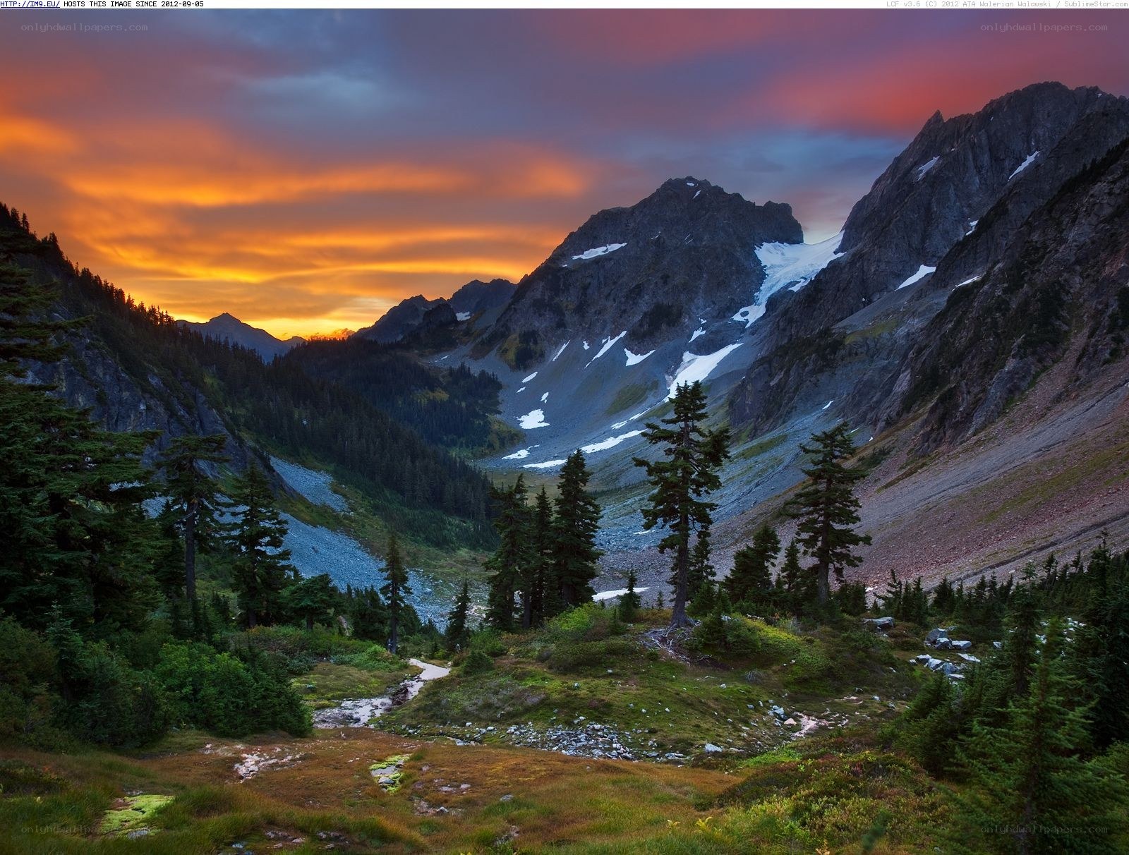 Mountain valley at sunset